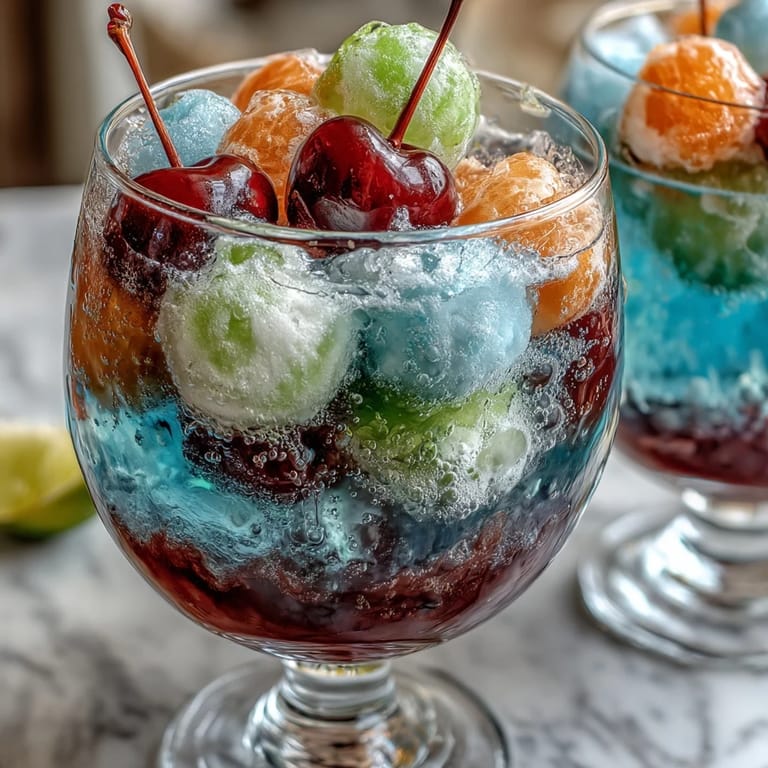 Colorful sherbet and lemon-lime soda punch with fresh fruit slices, ideal for festive gatherings.