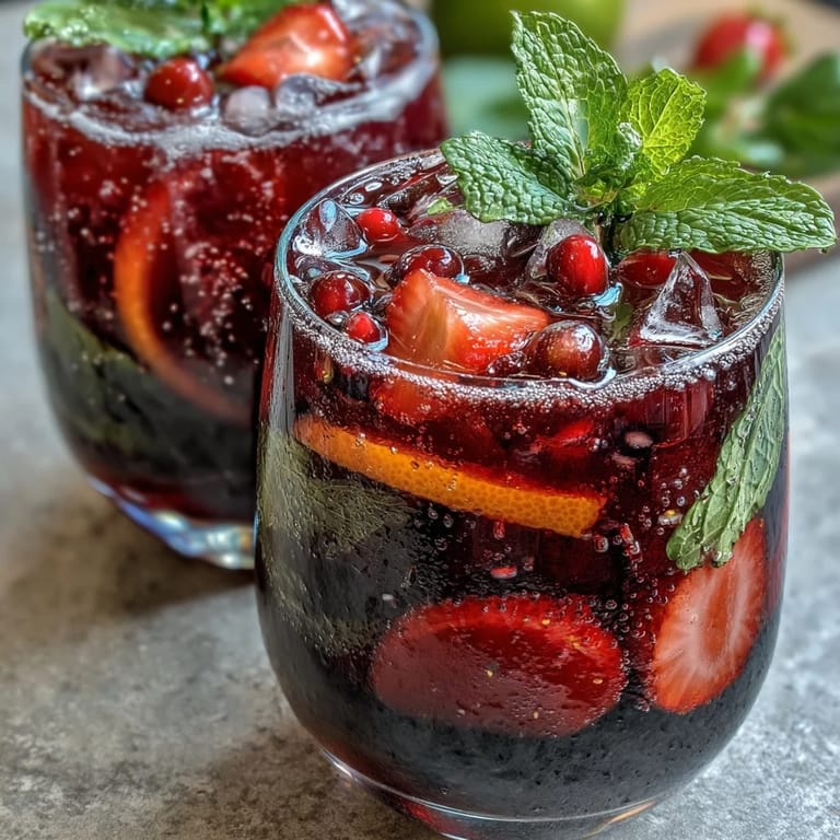 Chilled spring sangria mocktail with white grape juice, sparkling water, and colorful fruit slices served over ice.