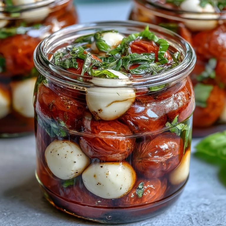 Layered Mason Jar Caprese Salad showcasing colorful tomatoes, mozzarella pearls, and fresh basil, dressed with olive oil and balsamic glaze.