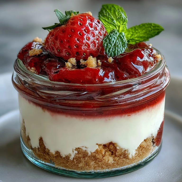Beautiful No-Bake Strawberry Cheesecake Jars featuring a buttery graham cracker base and vibrant strawberry topping.