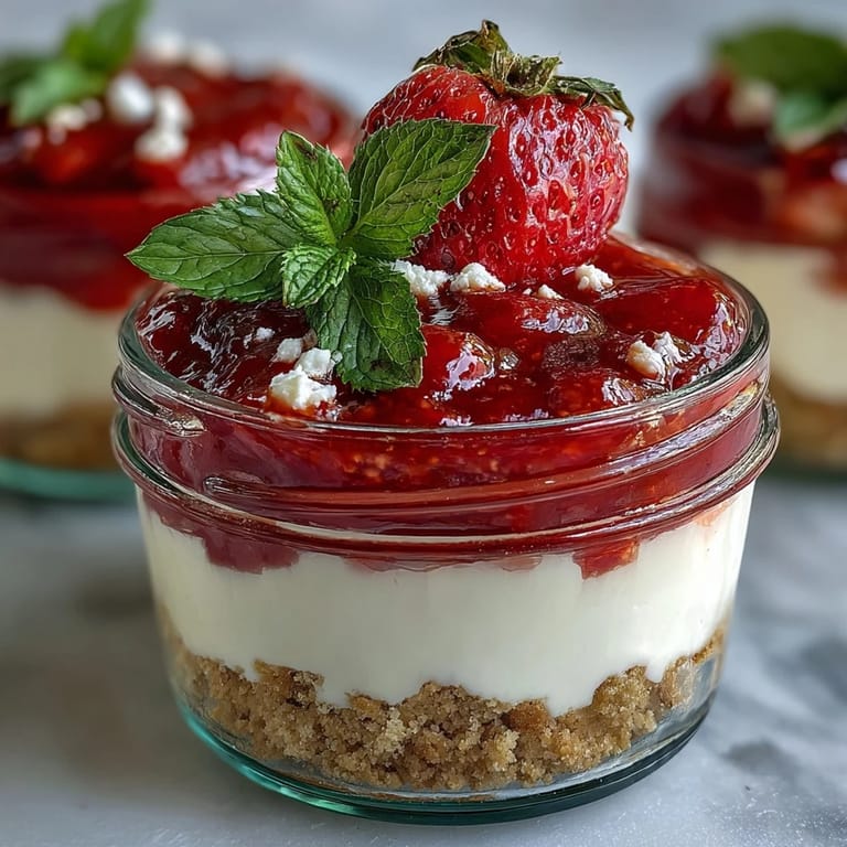 Individual No-Bake Strawberry Cheesecake Jars with smooth filling, juicy compote, and a fresh strawberry garnish.
