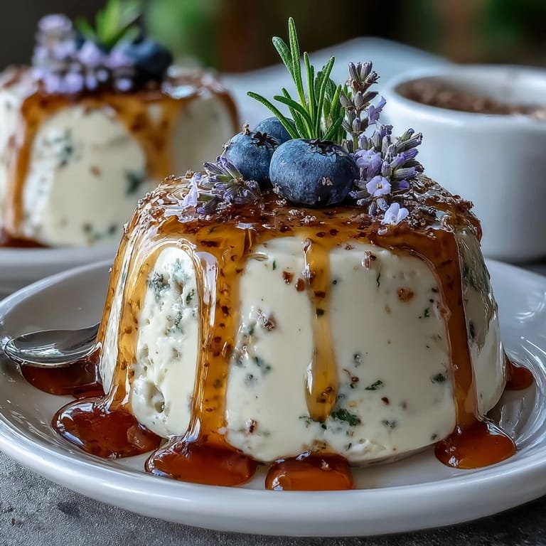 Elegant lavender-infused panna cotta, creamy and smooth, served with a honey glaze and edible flowers for a spring dessert.