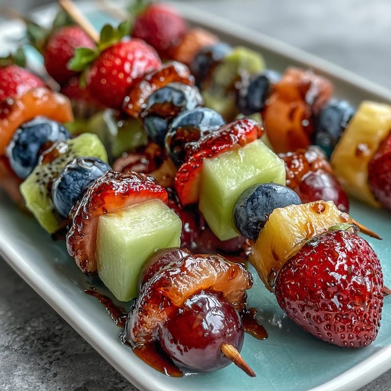 Bright and refreshing Rainbow Fruit Skewers with Honey Dip: a medley of fresh, seasonal fruits served with luscious honey-sweetened yogurt.
