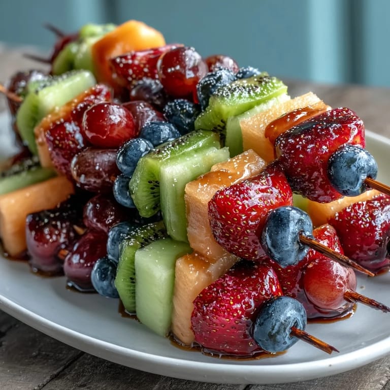 Rainbow Fruit Skewers with Honey Dip: a stunning, colorful arrangement of fresh fruit skewers accompanied by smooth, tangy honey-yogurt dip.