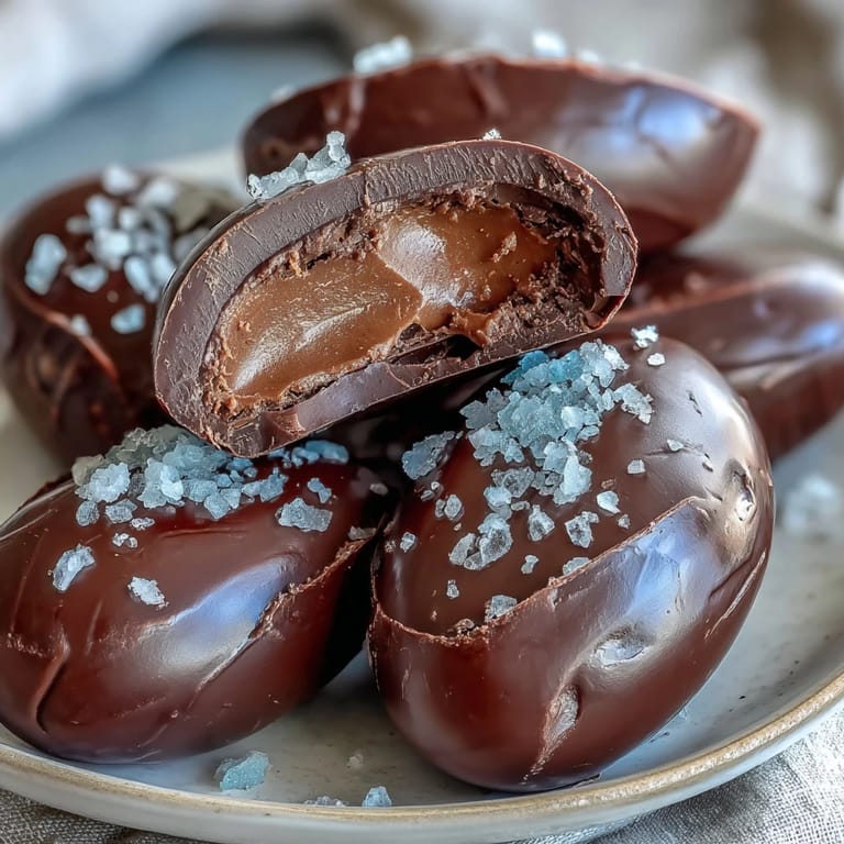 Silky peanut butter centers dipped in smooth dark chocolate and lightly dusted with sea salt, offering a luxurious homemade Easter candy experience.