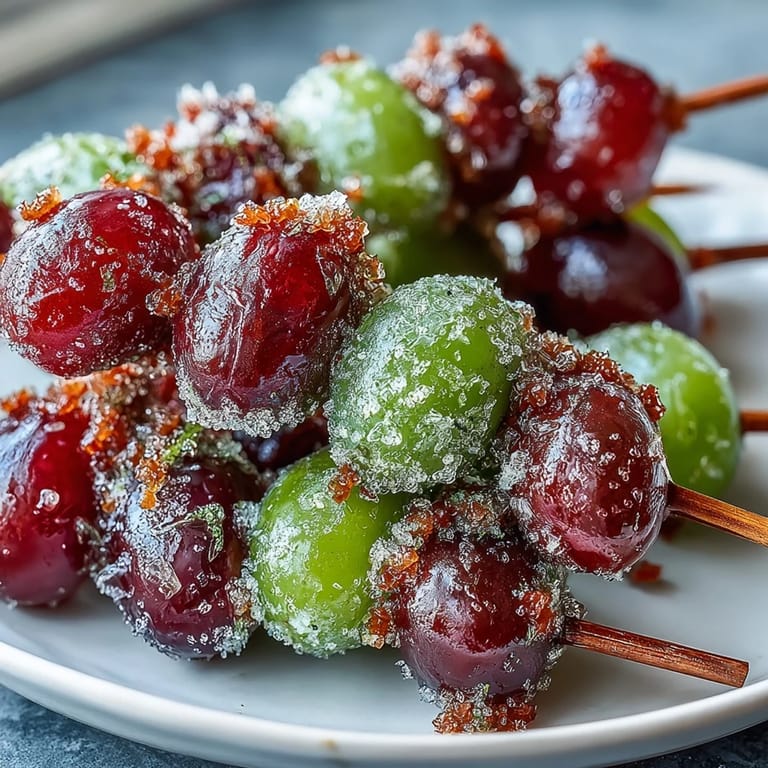 Vibrant frozen grape skewers are rolled in zesty lime sugar, offering a sweet-tart, refreshing summer snack perfect for hot days.