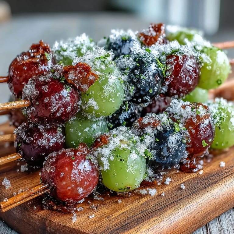 Close-up of frozen grape skewers dusted with bright lime sugar, the icy fruit glistening with a citrusy, tangy coating.