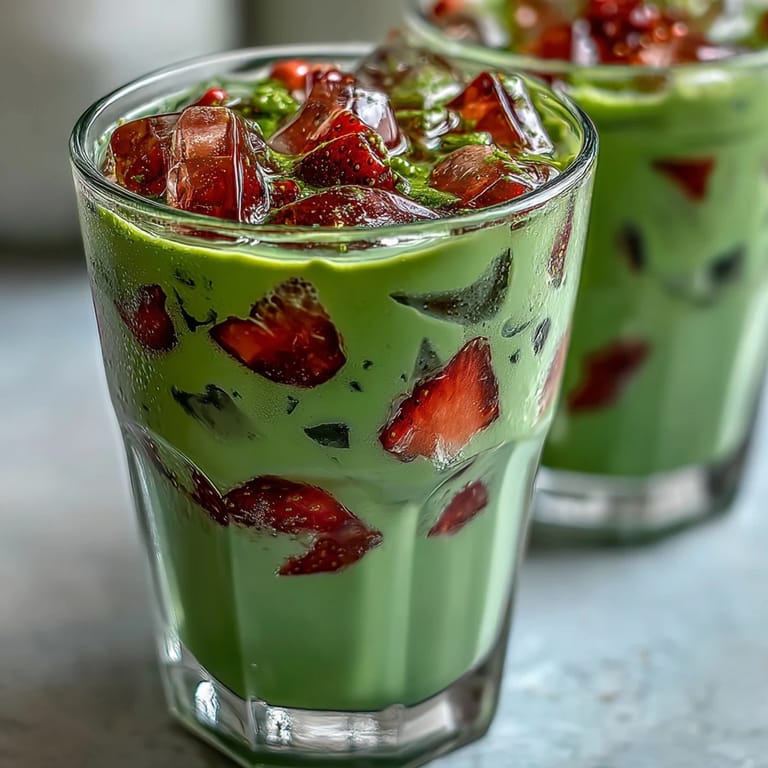 A refreshing strawberry matcha latte with oat milk, featuring smooth strawberry puree at the base, vibrant matcha on top, and chilled oat milk in between, perfect for a vegan summer drink.