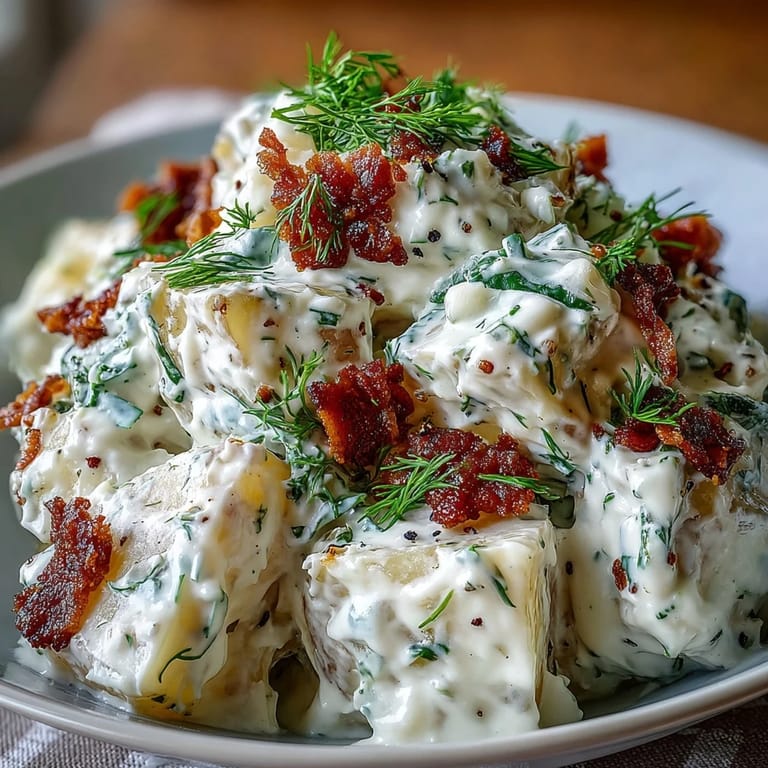A hearty Memorial Day Potato Salad showing fresh dill and creamy dressing.