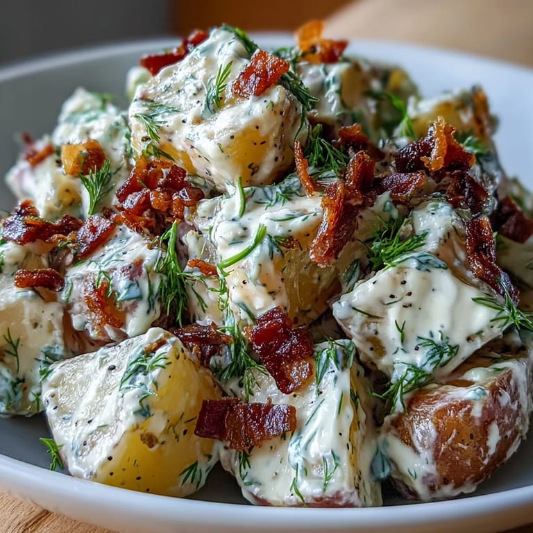 Serving Memorial Day Potato Salad with Dill and Bacon, ready for barbecue guests.