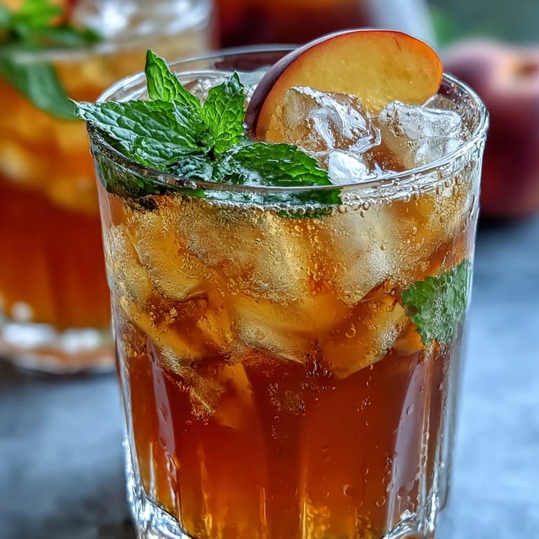 Vibrant homemade iced peach green tea lemonade, delightfully sweet and tart.