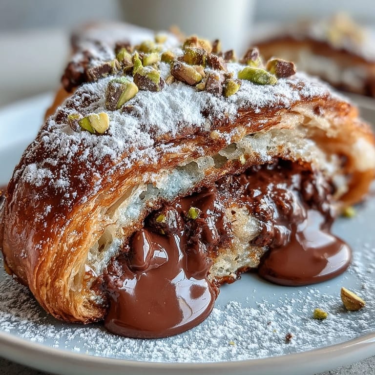 Luxurious Dubai Chocolate Pistachio Croissant French Toast dusted with powdered sugar and nuts.