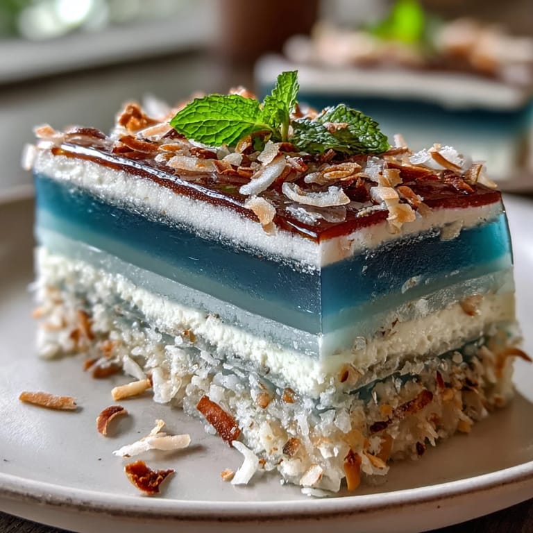 Beautifully chilled Rainbow Jelly Cake, sparkling with fruity, sweet layers.
