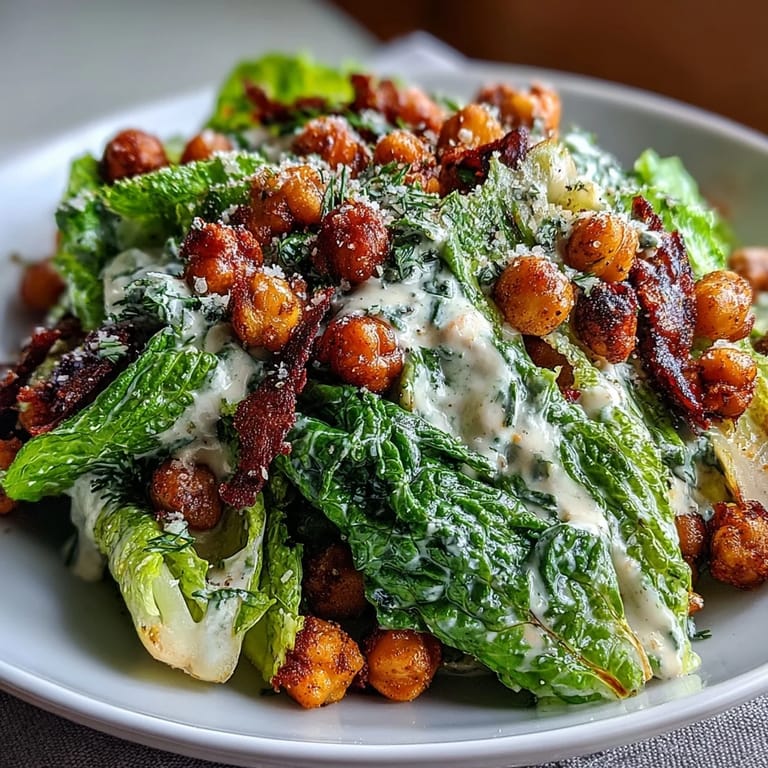 Enjoy a vibrant vegan Caesar salad topped with crunchy, savory chickpea croutons.