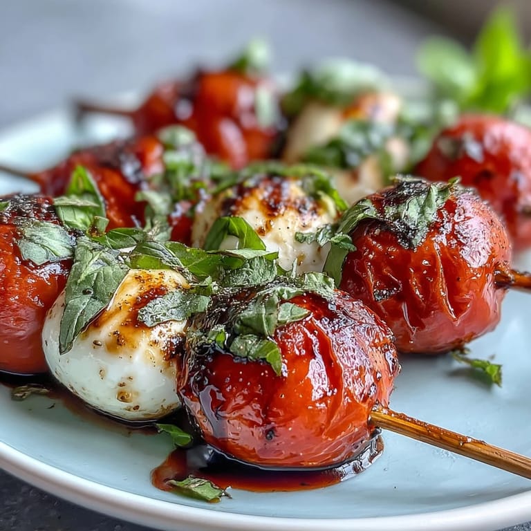 Easy Caprese skewers appetizer featuring juicy tomatoes, creamy cheese, and tangy balsamic glaze.