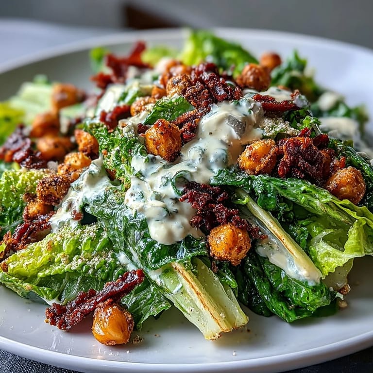 Hearty vegan Caesar salad, featuring irresistible roasted chickpea croutons and fresh greens.