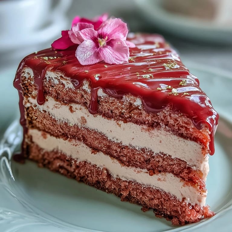 Close-up of luscious Bridal Shower Rosé Velvet Cake ready for celebration slicing.
