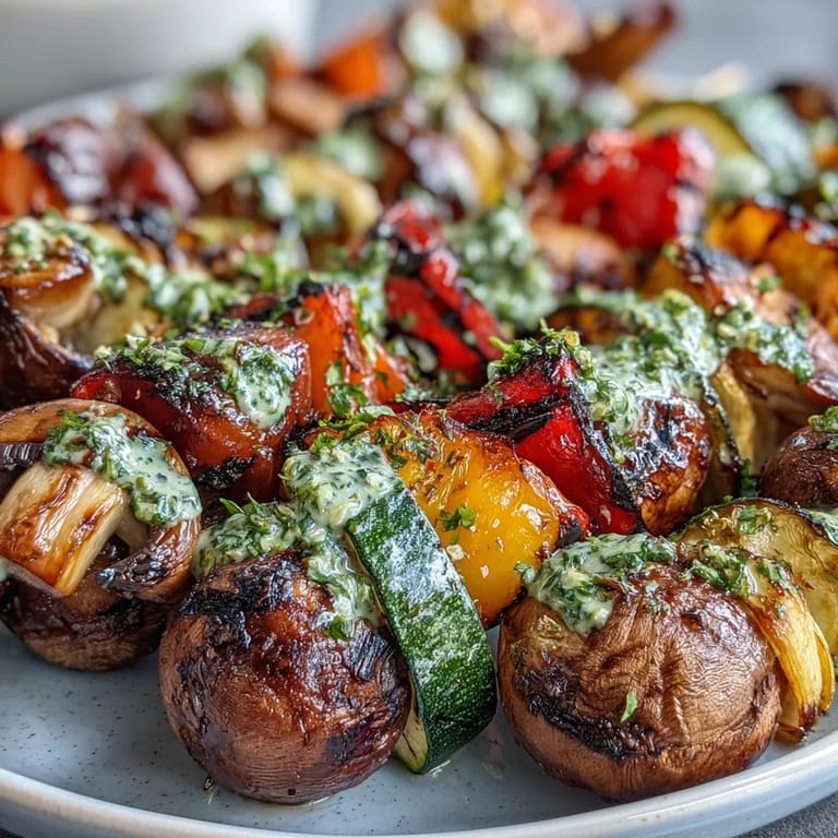 Juicy, herb-marinated grilled veggie kabobs ready to be enjoyed as a healthy main.