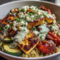 Grilled Healthy Grilled Mediterranean Bowl with charred zucchini, peppers, and eggplant on fluffy quinoa, topped with feta, olives, and creamy tzatziki.