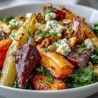 A close-up of the Winter Root Vegetable Bowl, showcasing roasted carrots, parsnips, and sweet potatoes over kale.