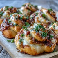 Freshly baked Pizza Roll Stuffed Garlic Knots lined on a parchment paper tray, brushed with garlic butter and garnished with parsley.