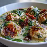 Creamy Tuscan Turkey Meatball Soup is served in a rustic bowl with a spoon beside crusty bread for dipping.