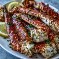 Succulent king crab legs drenched in rich garlic butter sauce, garnished with fresh parsley and lemon wedges for a keto-friendly seafood feast.