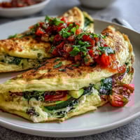 Light veggie egg white omelette with fresh spinach, bell peppers, and zesty salsa, served on a white plate with a fork beside it.