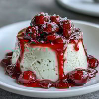 Silky cardamom panna cotta with a velvety texture, served in a glass and topped with a vibrant berry compote.  