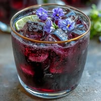 A refreshing black currant gin cocktail with vibrant berry hues and a floral garnish in a chilled glass.