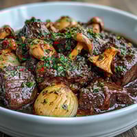 Wild Mushroom Beef Bourguignon with tender beef, wild mushrooms, and pearl onions in a rich red wine sauce. A classic French comfort dish served in a rustic Dutch oven.
