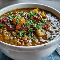 Hearty ham bone and lentil soup with root vegetables, simmered to perfection in a rich, smoky broth.  