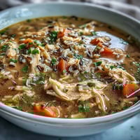 Hearty Chicken and Wild Rice Soup with tender carrots and celery in a savory broth.  