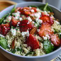 A colorful quinoa salad with juicy strawberries, creamy feta, and spinach, drizzled with tangy balsamic dressing.