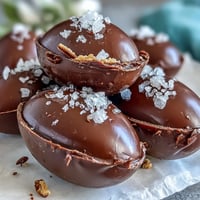 Decadent dark chocolate Easter eggs filled with creamy peanut butter and finished with a sprinkle of sea salt for a sweet-salty treat.