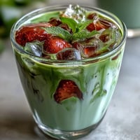 Strawberry Matcha Latte with Oat Milk in a clear glass, showcasing vibrant pink strawberry puree, creamy green matcha, and frothy oat milk layers, served with ice.