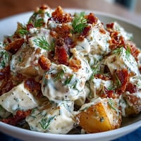 Memorial Day Potato Salad with Dill and Bacon, topped with crispy bacon bits.