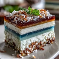 Vibrant Rainbow Jelly Cake with creamy coconut, a cool summer dessert.
