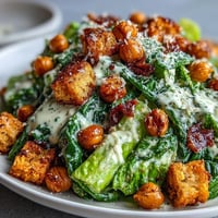 Crisp vegan Caesar salad with golden chickpea croutons and creamy lemon dressing.