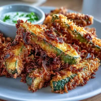 Crispy pickle fries in the air fryer, golden hot with creamy spicy mayo.