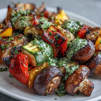 Colorful grilled veggie kabobs with vibrant chimichurri, perfect for any summer meal.